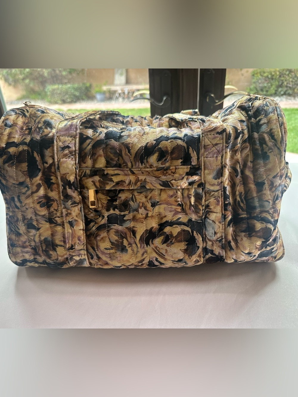 Anthropologie Gold Quilted Velvet Floral Weekender Overnight Travel Bag NWOT - Picture 4 of 12